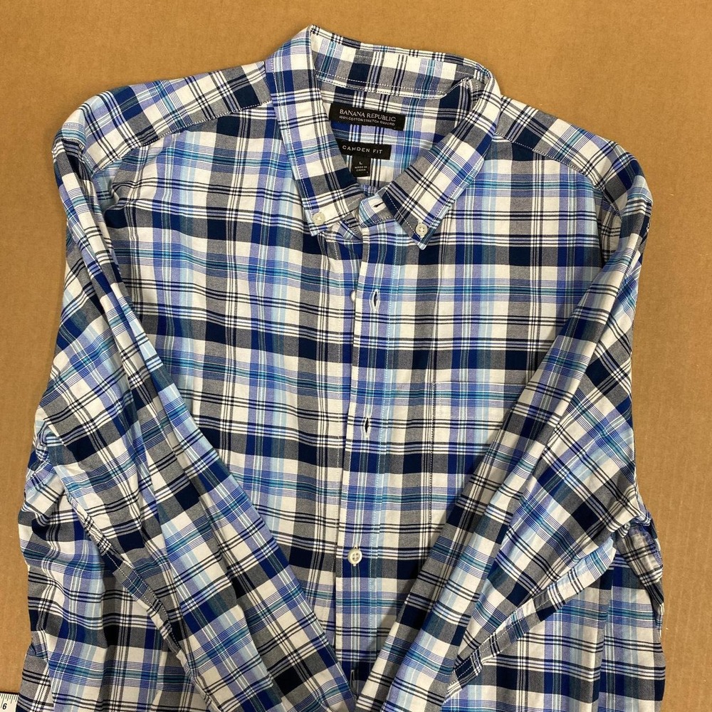 Banana Republic Camden Fit Blue Plaid Cotton Stretch Oxford Button Up Shirt L